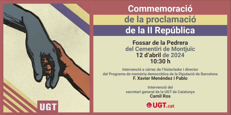 🔴 T'esperem demà al Fossar de la Pedrera per commemorar la proclamació de la II República. 📅 12 d'abril ⏰ 10:30 h 📍 Cementiri de Montjuïc, Fossar de la Pedrera