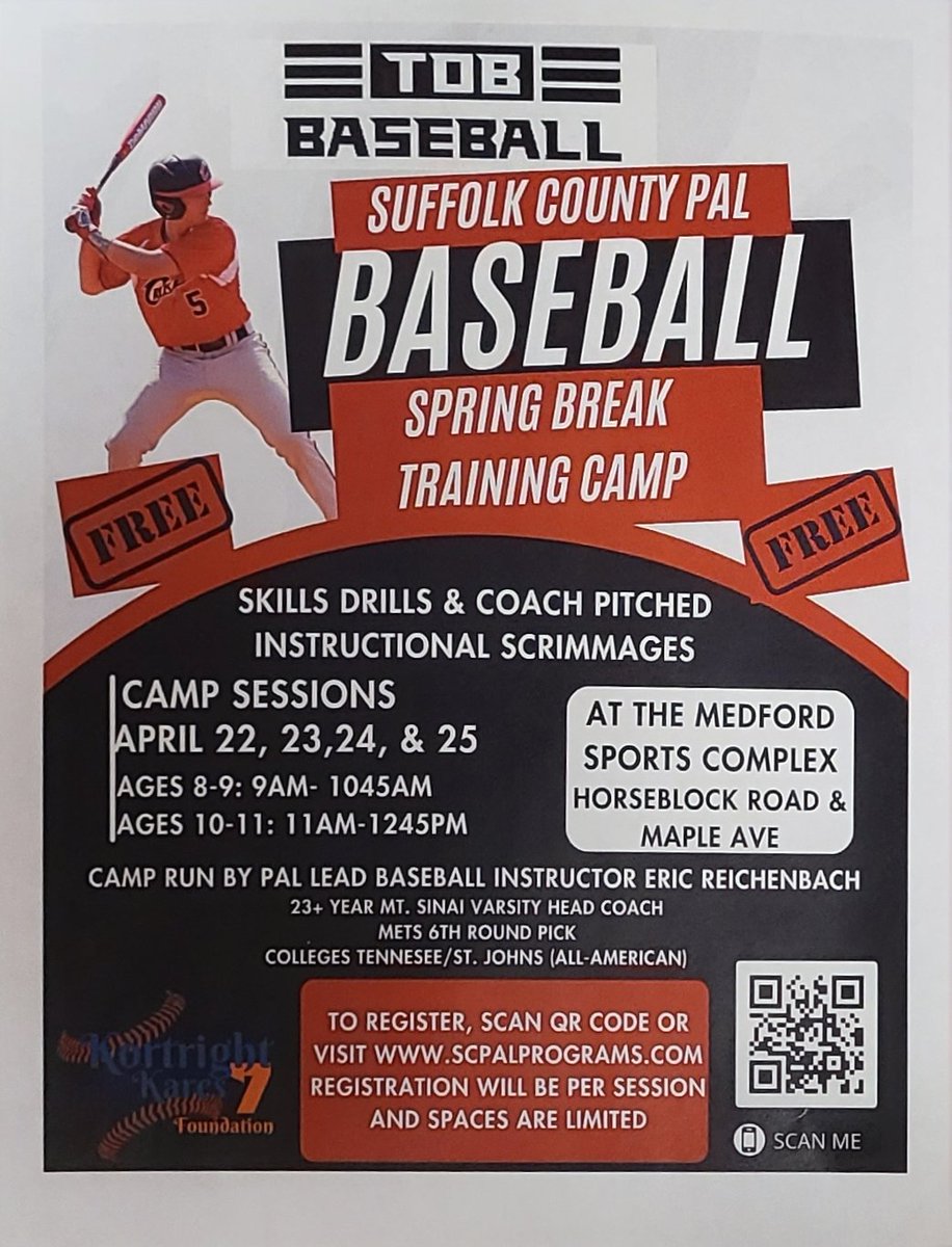 Spend your Spring Break with us! Join us for a free PAL Baseball Camp for ages 8 to 11 years old. 
#springbreak2024 #baseballcamp #WeArePAL