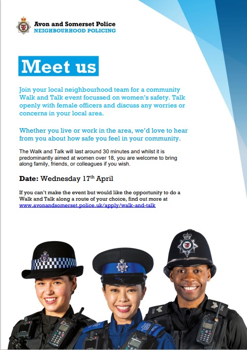 Walk and Talk event focusing on women's safety on Wednesday 17th April. Meeting at 6pm outside of McDonalds, Southgate, Bath, BA1 1TG. This event will last for around 30 minutes and is aimed at women over the age of 18. Follow this link for more info orlo.uk/jvGYl