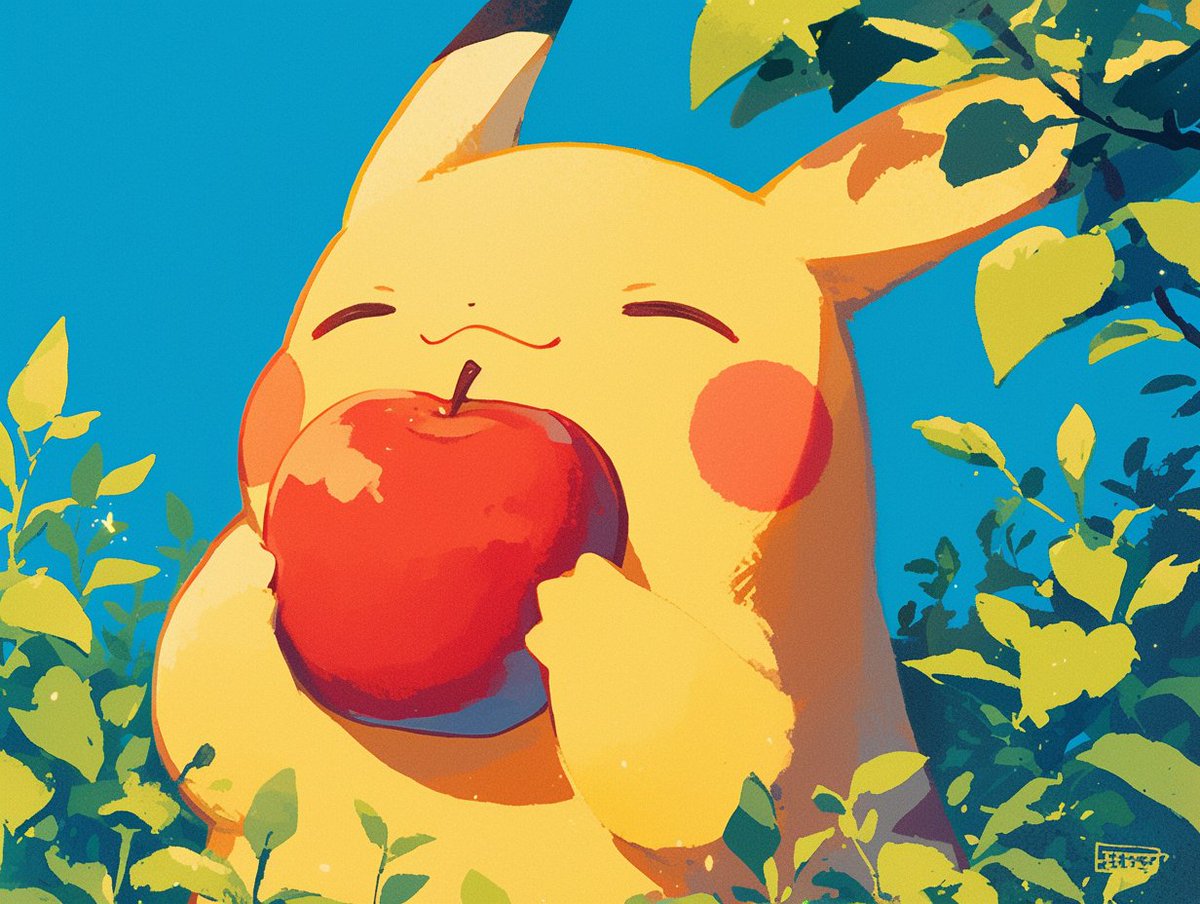 Pikachu happy with apple