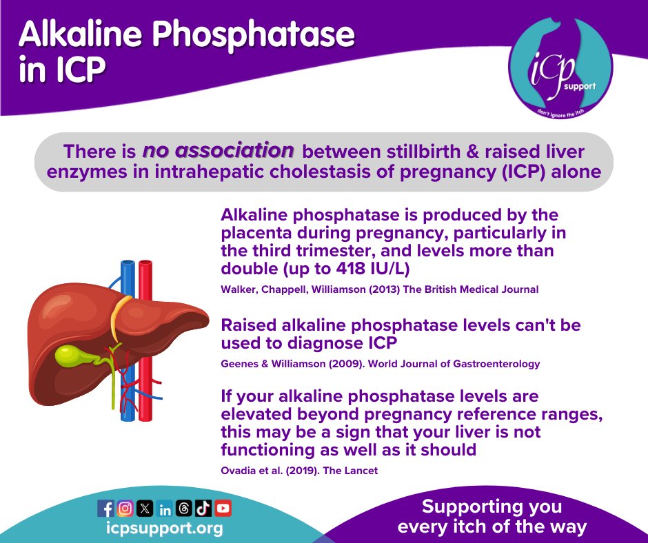 Alkaline phosphatase is produced by the #placenta & rises, particularly in the third trimester. There's no association between raised alkaline phosphatase, or any other liver enzyme, & #stillbirth in intrahepatic cholestasis of pregnancy (ICP) alone. #LiverTwitter #pregnancy