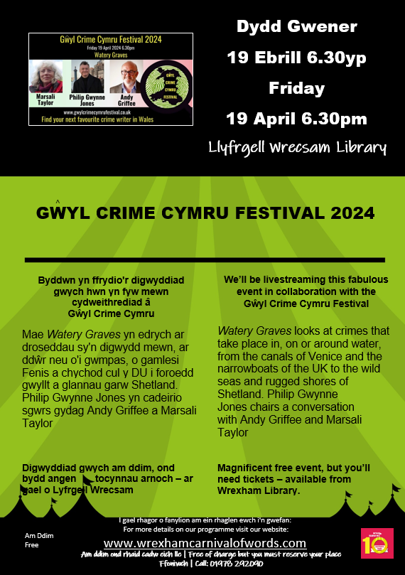 Excited to livestream this event with @CrimeCymru on 19th April @WxmLibraries. It's #free with your seat pre-booked: 01978 292090 #Waterygraves