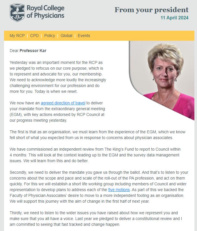 Partha S Kar ๐ฎ๐ณ๐ฌ๐ง๐๐ฅ (@parthaskar) on Twitter photo Communication from <a href="/RCPhysicians/">Royal College of Physicians</a> post Council meeting & disc around #RCPEGM
1. Independent review <a href="/TheKingsFund/">The King's Fund</a> re EGM/data issues
2. Working group to address EGM motions & deliver
(Yes, I have put my hand up)
3. Better representation & membership voice
"We need to do better" Communication from <a href="/RCPhysicians/">Royal College of Physicians</a> post Council meeting & disc around #RCPEGM
1. Independent review <a href="/TheKingsFund/">The King's Fund</a> re EGM/data issues
2. Working group to address EGM motions & deliver
(Yes, I have put my hand up)
3. Better representation & membership voice
"We need to do better"