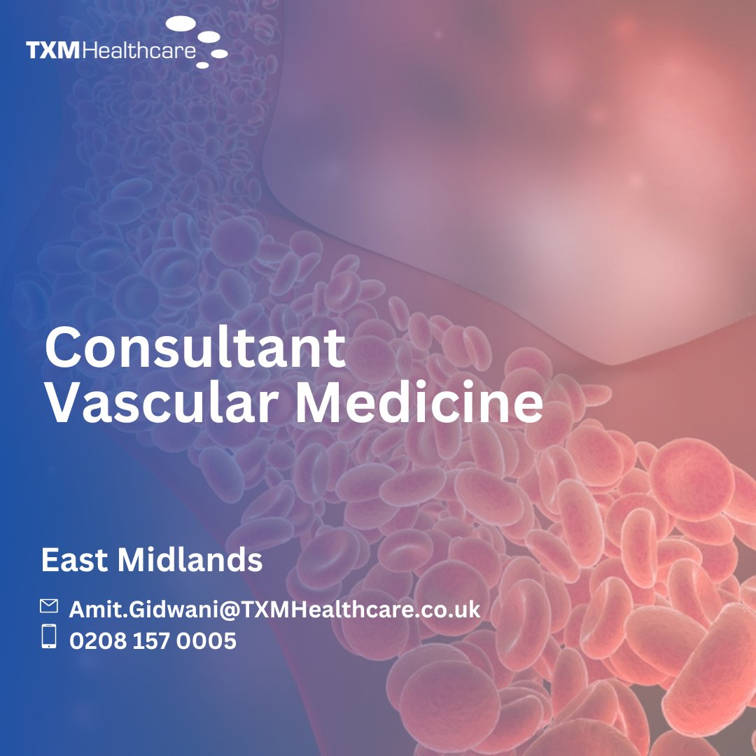 VASCULAR MEDICINE ℹ️ | Amit is seeking a Consultant of #VascularMedicine to fill a position in the East Midlands. 

ASAP start for 3 months with view to extend. Full-time hours. Job plan available. 

Speak to Amit.Gidwani@TXMHealthcare.co.uk or call 0208 157 0005 to apply today!