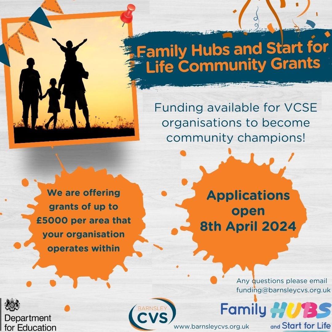 Our Family Hubs Community Grants are now live! Please find the application form on our website: barnsleycvs.org.uk/news/family-hu…