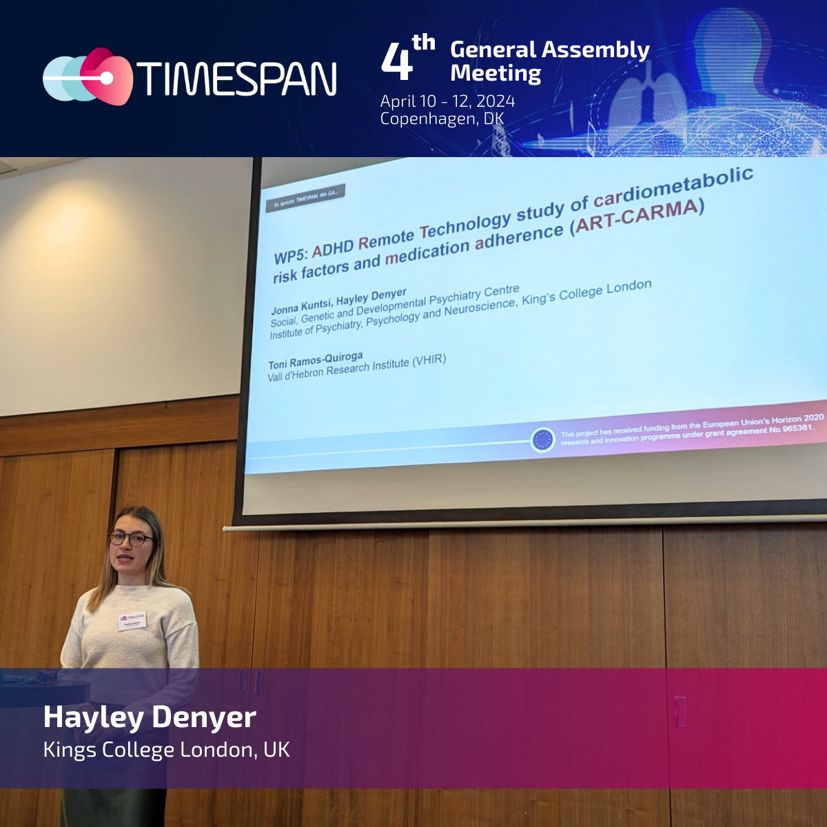 TIMESPAN (@timespan_h2020) on Twitter photo Next up: @Hayley_Denyer presenting the #ARTCARMA study. Investigating #ADHD medication & physical activity's impact on cardiometabolic diseases like #obesity #Type2diabetes via wearable devices and active monitoring in 200 adults.
<a href="/ADHD_RemoteTech/">ADHD Remote Technology (ART) KCL</a> @Empatica @drramosquiroga Next up: @Hayley_Denyer presenting the #ARTCARMA study. Investigating #ADHD medication & physical activity's impact on cardiometabolic diseases like #obesity #Type2diabetes via wearable devices and active monitoring in 200 adults.
<a href="/ADHD_RemoteTech/">ADHD Remote Technology (ART) KCL</a> @Empatica @drramosquiroga