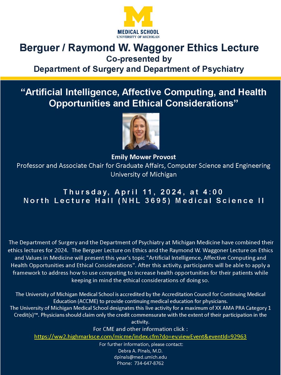 The section is thrilled to co-host the Berguer/Raymond W. Waggoner Ethics Lecture TODAY! We are looking forward to an informative lecture from guest speaker Emily Mower Provost on 'Artificial Intelligence, Affective Computing, and Health Opportunities and Ethical Considerations'