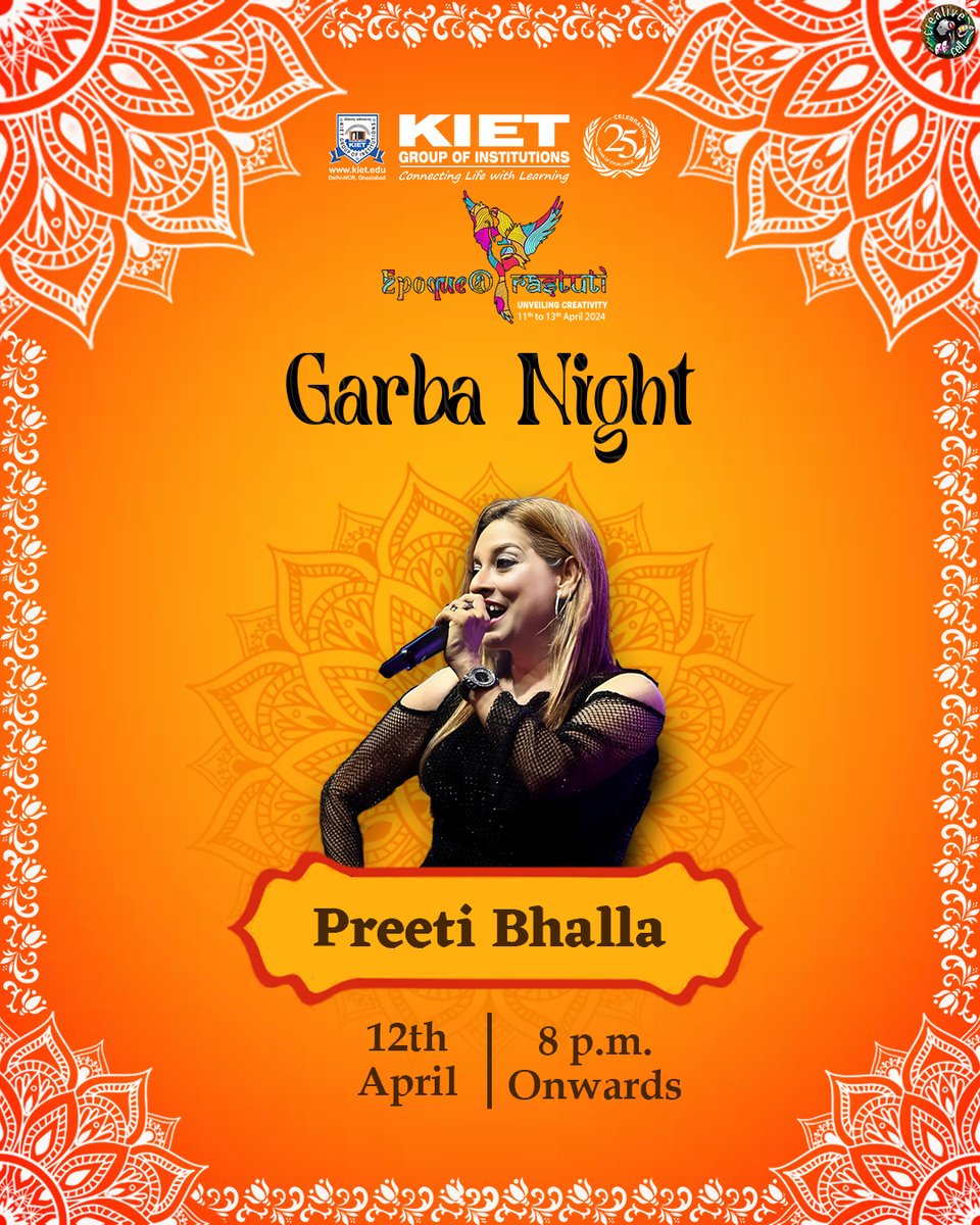 Get ready to swirl and twirl to the rhythm of Garba, as Preety Bhalla sets the stage on fire in Epoque@Prastuti on 12th April 2024! 

#kiet_group_of_institutions #KIETGZB #kietengineeringcollege #KIET #AKTU #AICTE #EpoqueAtPrastuti2024 #GarbaNight #PreetyBhalla #Garba #Celebrity