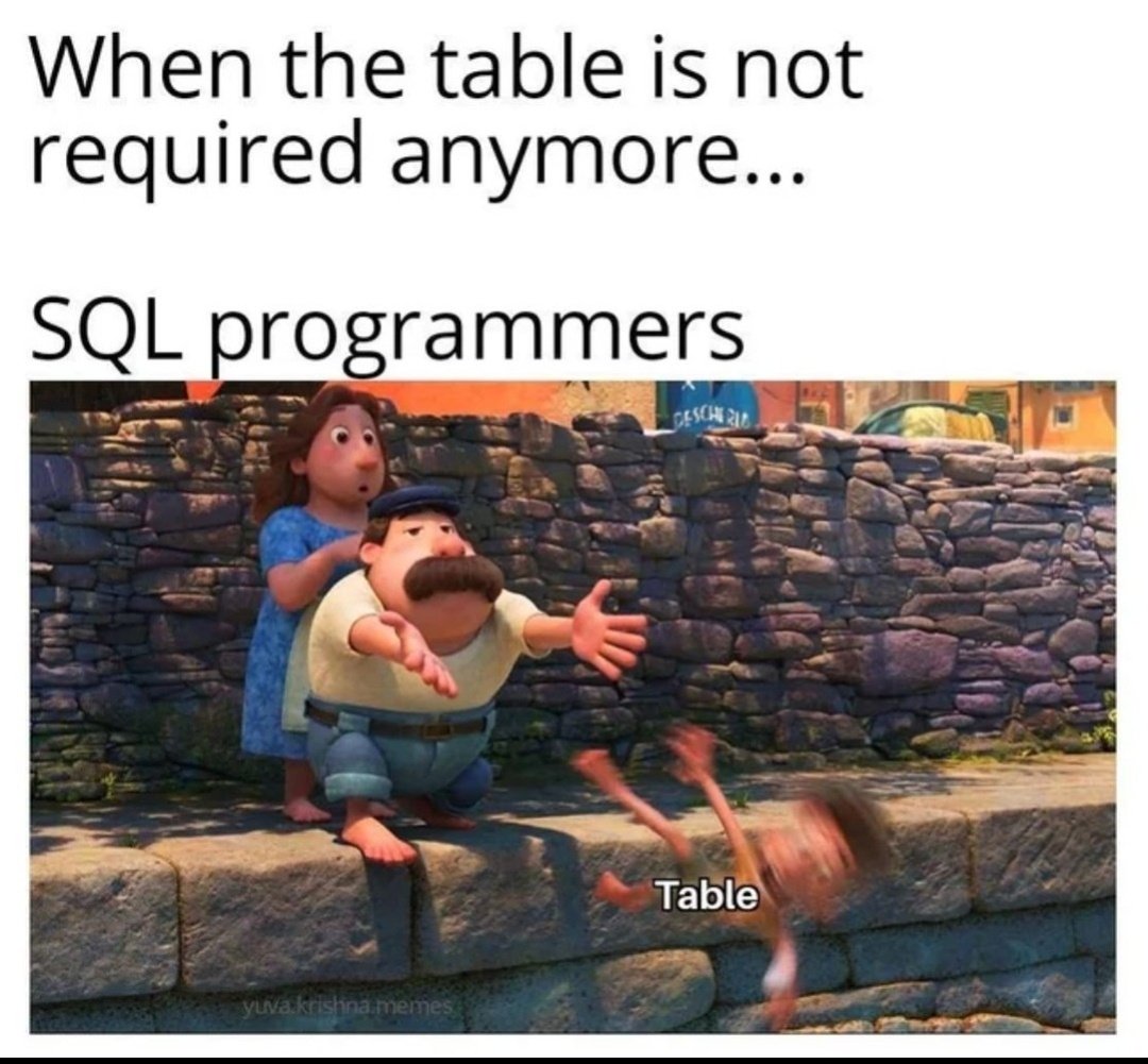 Dropping sure sounds reliving

#sql #droptable #ProgrammingHumor #cod3r