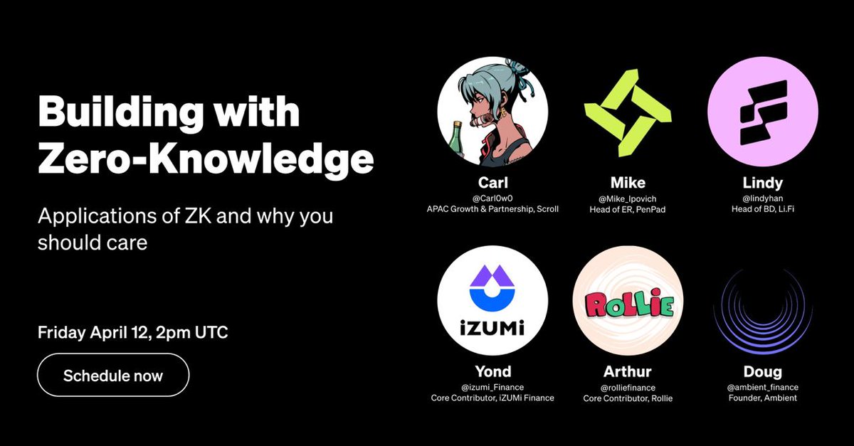 Know nothing about zero-knowledge? Fret not, join us tomorrow to buidl your knowledge 💡 🎙️ Speakers: @Scroll_ZKP @pen_pad @izumi_finance @lifiprotocol @rolliefinance @ambient_finance ⏰ Schedule now, don't miss it! 🔽 twitter.com/i/spaces/1BRJj…