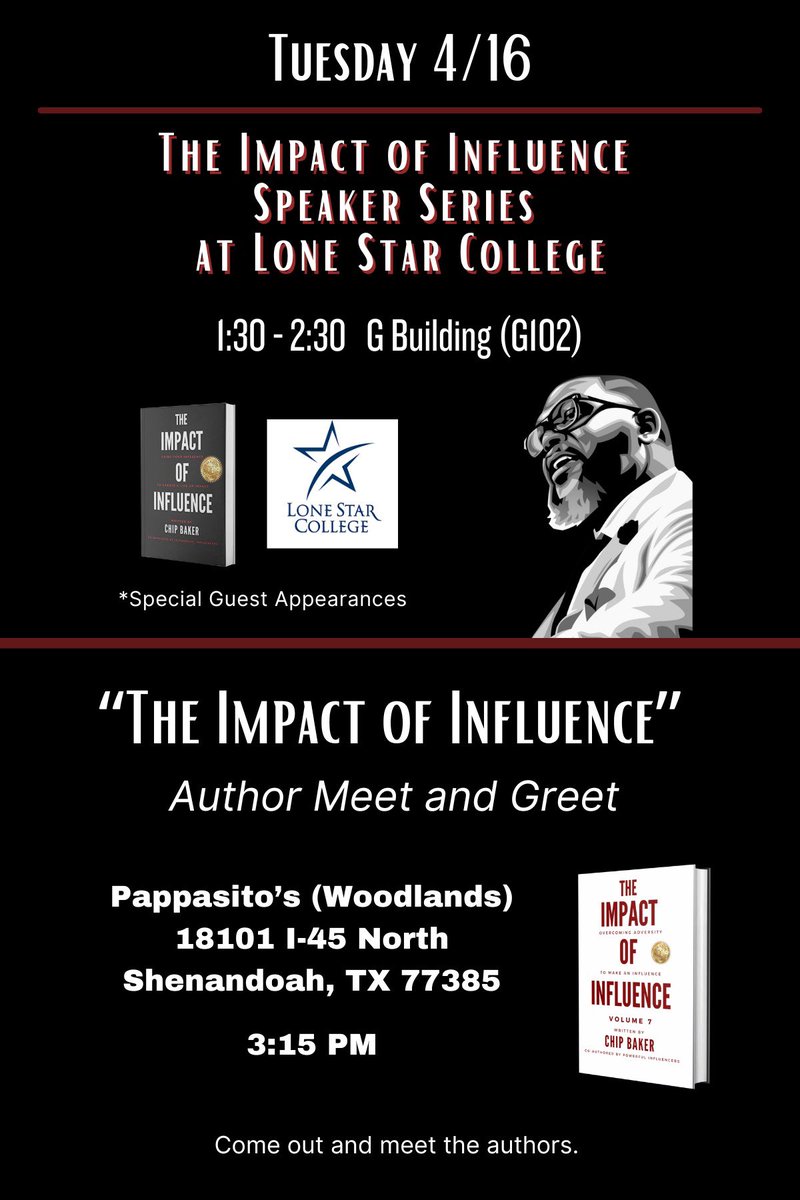 Mark your calendars! Tue will be a great day! The Impact of Influence Speaker Series and the an author meet and greet. Come see us! @mrkennethwilson 

#impact #influence #speakerseries #meetandgreet #gogetit #tsc