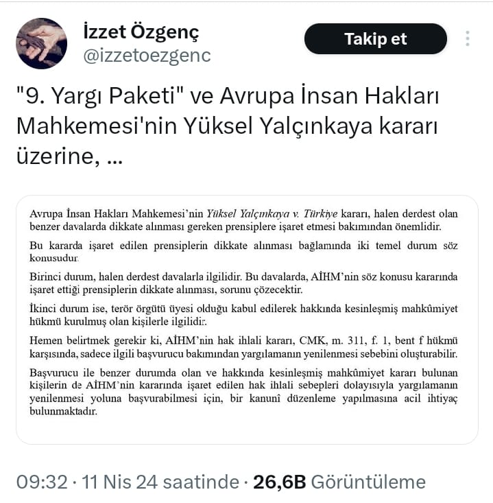 BUNDAN SONRA HÜKÜMET DÜŞÜNSÜN! ✅Sn. Özgenç'in önerisinden bağımsız olarak, Yalçınkaya kararının uygulanmaması gibi bir ihtimal yok! Bunun için de hükümet, kesinleşmiş dosyalarla ilgili bir çözüm bulmak ve bunu Avrupa Konseyi Bakanlar Komitesine sunmak zorunda. Yani, bu…