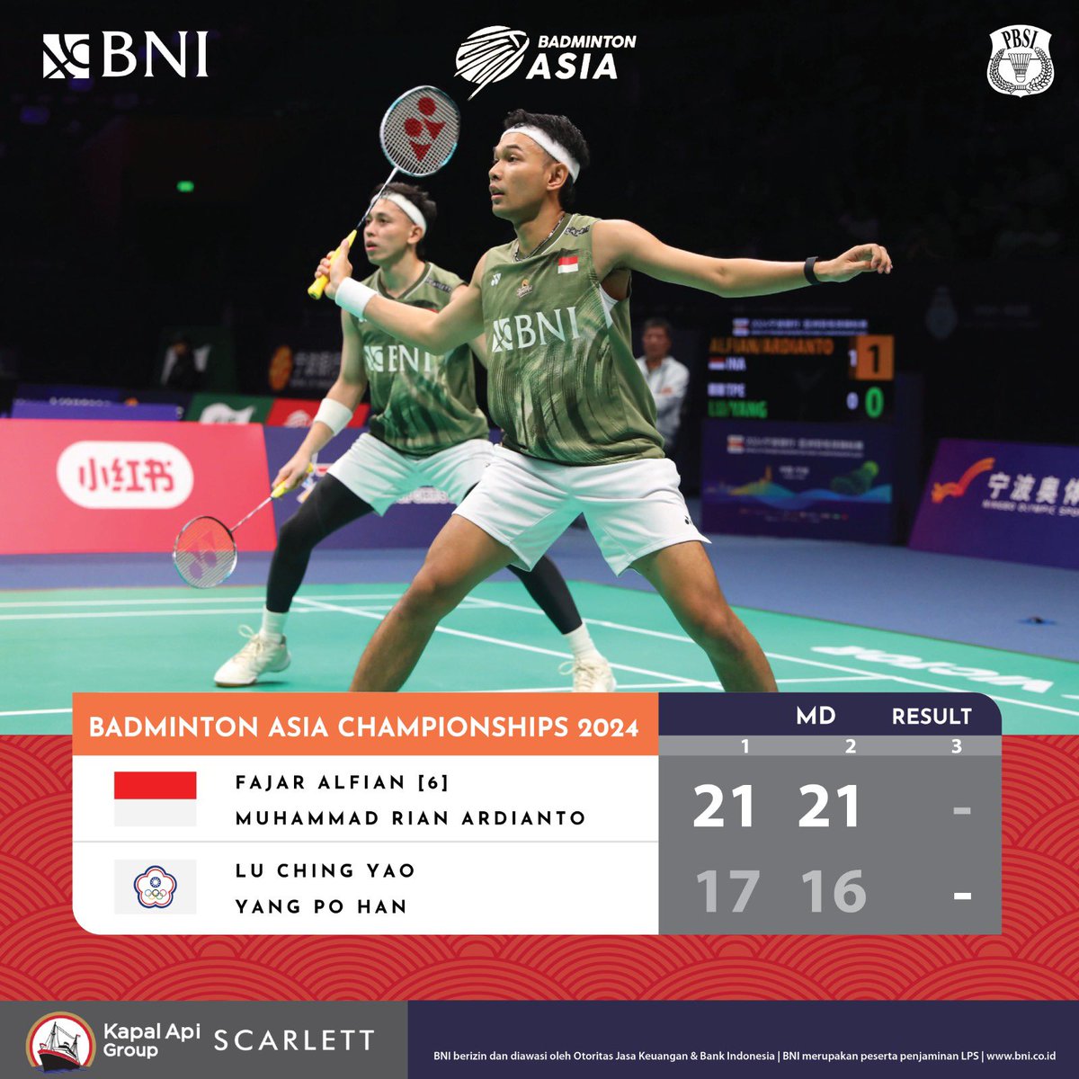 Fajar Alfian/Muhammad Rian Ardianto amankan tiket perempat final usai singkirkan wakil Chinese Taipei.

Terus melaju, Fajar/Rian!!💯🔥🇮🇩

#BadmintonIndonesia
#badmintonasiachampionships2024
#KitaIndonesia
#MenjagaMerahPutih #BNIGlobalReachIndonesianPride