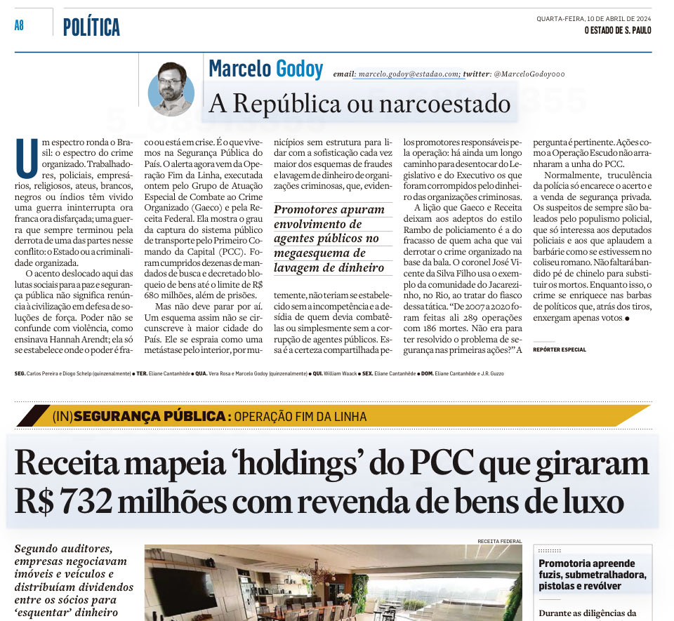 O artgo de ⁦@MarceloGodoy000⁩ é do ⁦@Estadao⁩ de ontem e faz parte da inquietante série sobre (In)Segurança Pública. Nossas vidas em mãos do crime😱