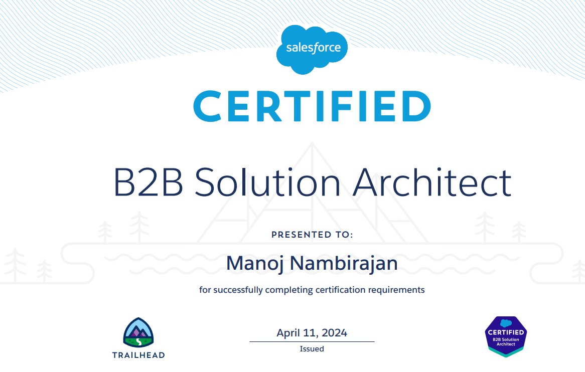 Glad to share that i have passed Salesforce B2B Solution Architect Certification that covers multi cloud concepts. Expert Led Trailhead Academy workshop by <a href="/gauravkheterpal/">Gaurav Kheterpal</a> is highly recommended.

#Salesforce #trailblazercommunity