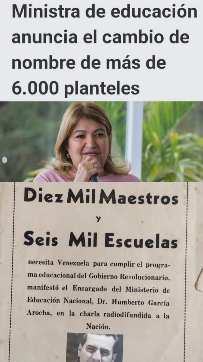 Juana la Arrasadora, nuestra flamante Ministro de Educación, ha anunciado con fanfarrias, la obra monumental del gobierno nacional en materia educativa: !le cambiará el nombre a 6 mil planteles!
...Y pensar, que en 1945, otro Ministro, quería construir 6 mil escuelas. Abro🧵