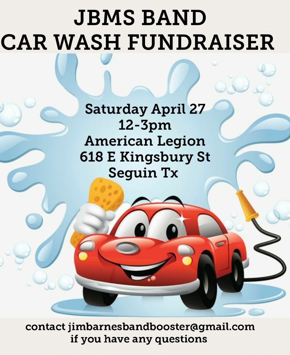 Come by American Legion on Saturday, April 27th to get your car washed by our fantastic Barnes Band students!  Donations are accepted to help support our Band students with their upcoming contest fees, trip fees, and general band supplies.