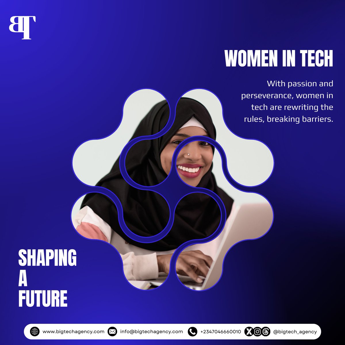 At BigTech Agency, we recognize the invaluable contributions of women in the tech industry. From coding to leadership, women are driving innovation and shaping the future of technology. 

#WomenInTech #DiversityInTech #BigTechAgency
