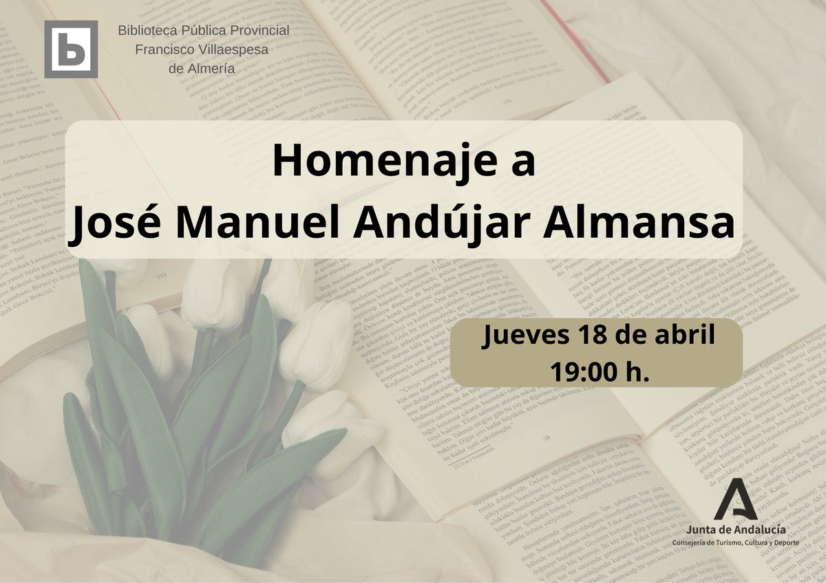 Homenaje a José Manuel Andújar Almansa. 📆Jueves 18 de abril ⏲️19:00 h. Salón de actos 🆓Entrada libre hasta completar aforo. #actividadesvillaespesa @almeriajunta @culturaand @CulturaAlmeria