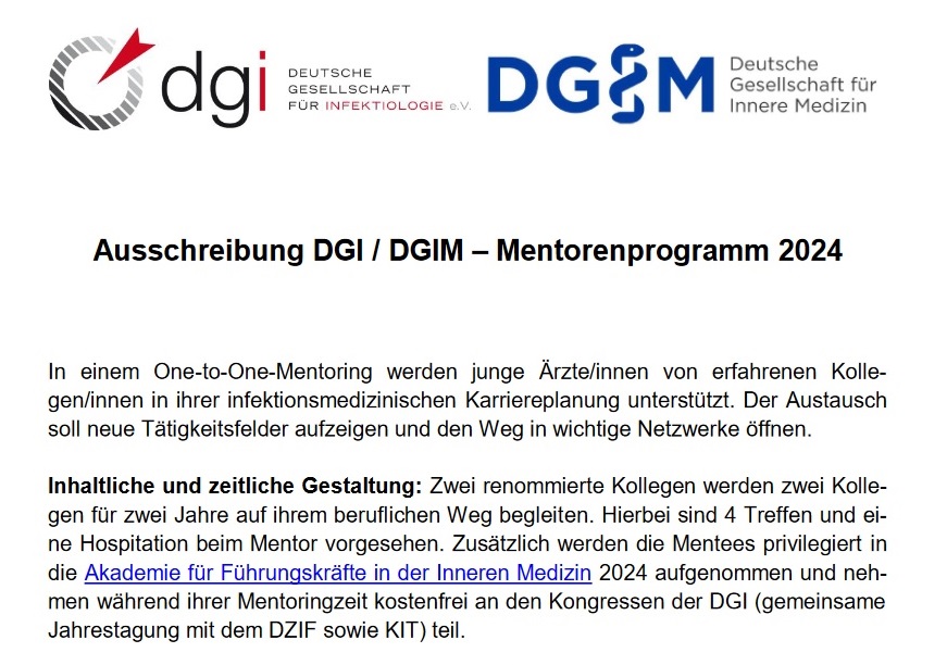 📢Das Mentorenprogramm von DGI und <a href="/dgimev/">DGIM</a> geht in eine neue Runde! 2 renommierte Kollegen begleiten 2 junge Kollegen 2 Jahre auf ihrem beruflichen Weg in die Infektiologie 🔬🧪
🗓️Bewerbungsfrist: 30.06.2024
Alle Infos unter dgi-net.de/dgi-dgim-mento…

<a href="/JungeInfektio/">Junge Infektiologen</a>