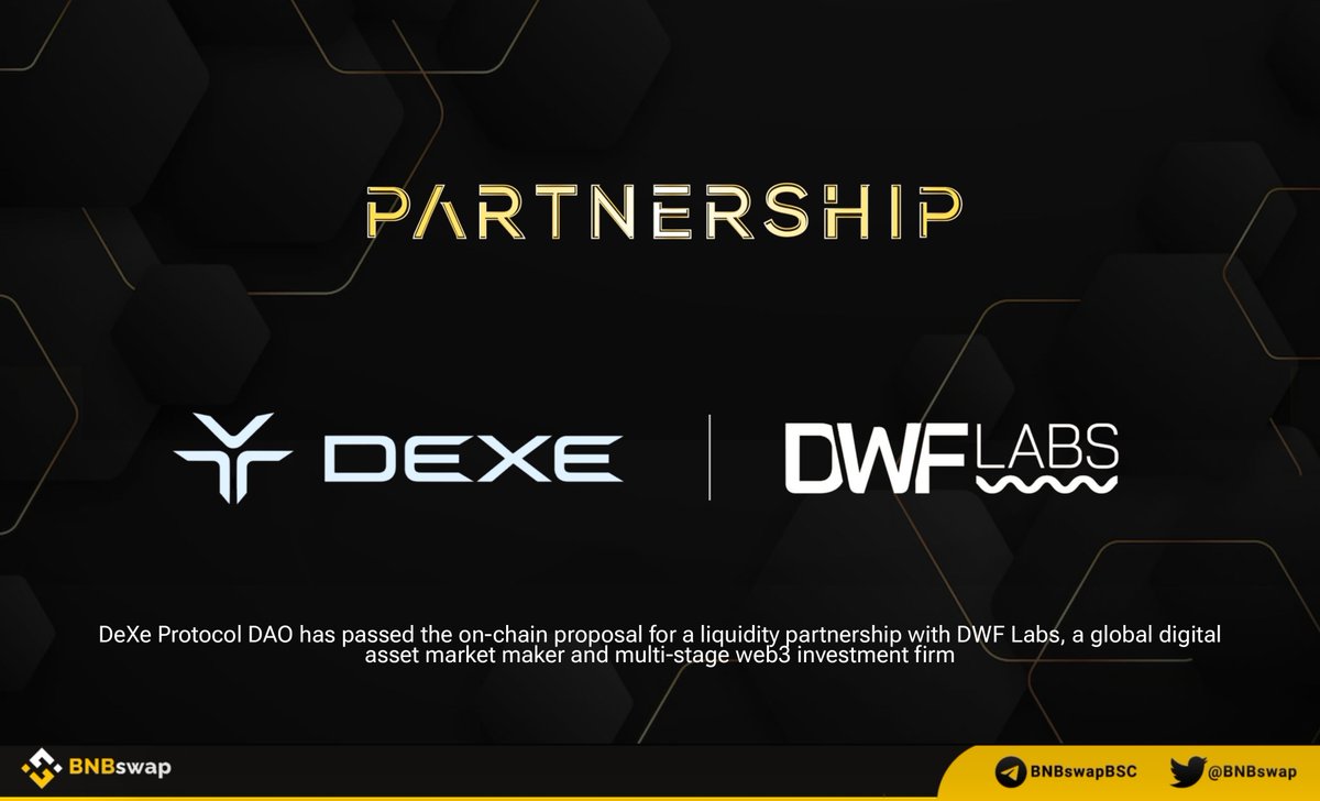 📢 @DexeNetwork $DEXE has announced its liquidity partnership with @DWFLabs! #DeXe Protocol DAO has passed the on-chain proposal for a liquidity partnership with DWF Labs #DWFLabs, a global digital asset market maker and multi-stage #web3 investment firm #DEXE #Crypto #Web3