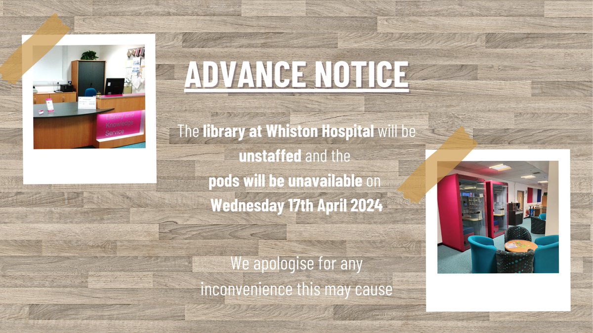 MWLNHSLib_STHK's tweet photo. The library at Whiston will be unstaffed on 17/4/24. 

Whilst the library will be open, pods will be unavailable.

Self issue/return is available for members with barcodes.

Catalogue:  https://t.co/dX7n80aVjz

Apologies for any inconvenience.

#library #librarypods #mwllibraries https://t.co/Rw8uT2fQQe