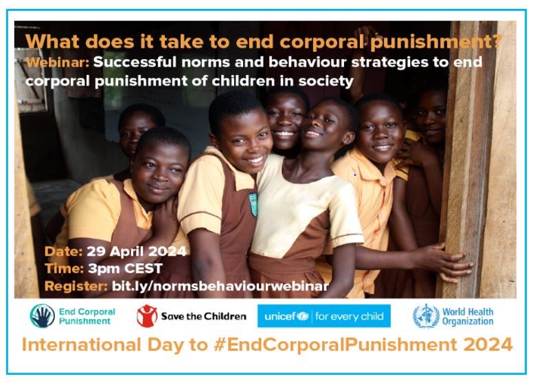 What does it take to #EndCorporalPunishment ? Join @WHO @UNICEF @save_children on 29 April, 15:00 CET, for a webinar to explore strategies to reduce acceptance & use of corporal punishment. Register here: bit.ly/49CIo42 #EndViolence