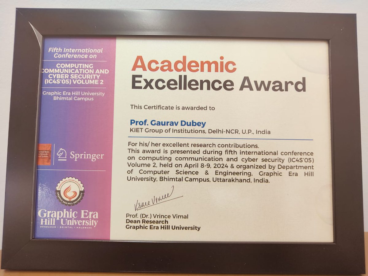 Dr. Gaurav Dubey, Professor - Department of Computer Science, received the Academic Excellence Award for his excellent research contribution.
#kiet_group_of_institutions #KIETGZB #KIET #AKTU #AICTE #Dr_GauravDubey #AcademicExcellence #TechnicalSession #InternationalConference