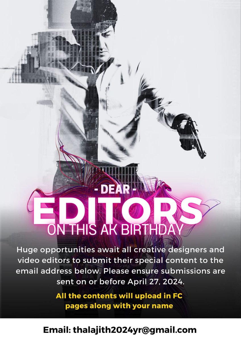 SPECIAL ANNOUNCEMENT 🤩

For #AjithKumar's 53rd Birthday, We're Inviting All Designers & Editors To Submit Their Creative Work 😎

We'll Feature Your Work From April 30 - May 1 💥 

Share Your Work Before April 27th.

Mail- thalaajith2024yr@gmail.com

#VidaaMuyarchi #GoodBadUgly