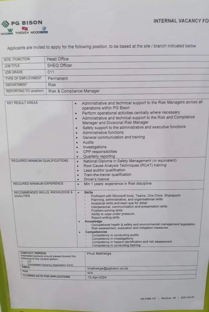 PG Bison - Boksburg General Worker - Manufacturing -Grade 12 📧tmathekga@pgbison.co.za SHEQ Officer 📧tmathekga@pgbison.co.za Quality Technician 📧ymdyodyo@pgbison.co.za