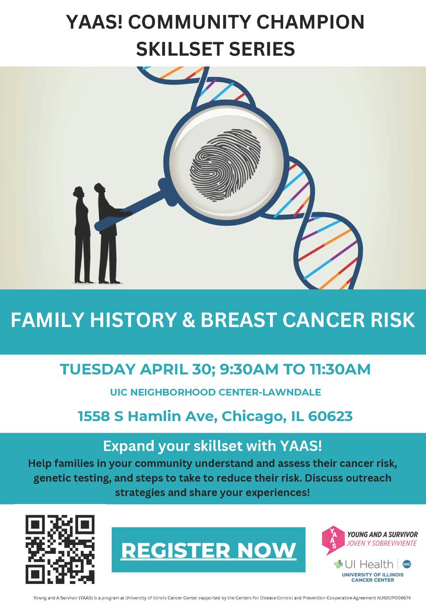 Join community leaders and advocates to talk about how to support families in your community to understand and assess their cancer risk. 

TUESDAY, APRIL 30TH, 9:30 - 11:30AM
1558 S Hamlin Ave (UIC Neighborhood Center at Lawndale)

Register using the link in our bio.