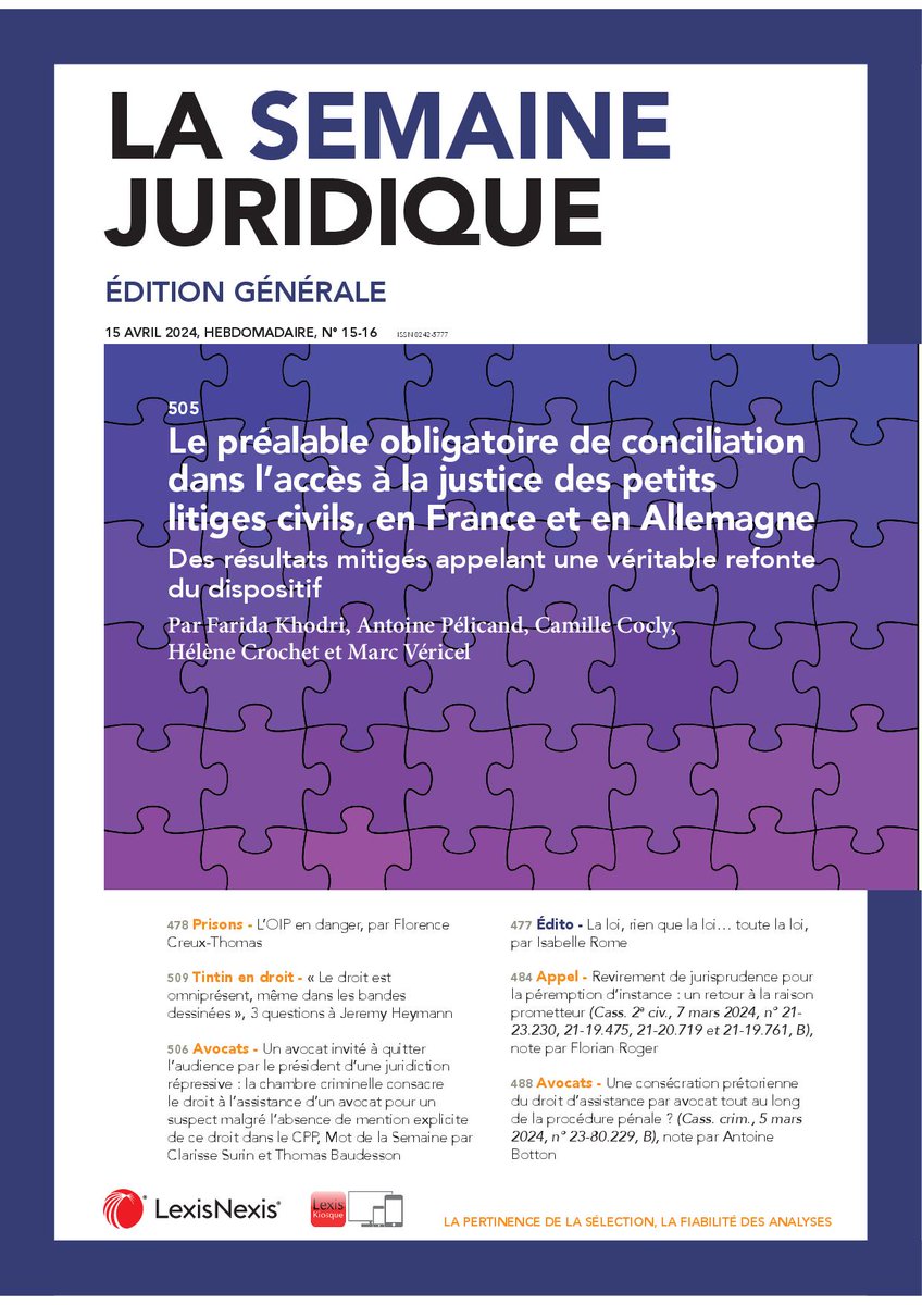 À la #Une du #JCPG 15/4 
#Conciliation
#LitigesCivils
#France&Allemagne
#OIP 
#Prisons
#Tintin 
#Avocats 
#Assistance
#Loi 
#PéremptionDInstance
#ProcédurePénale