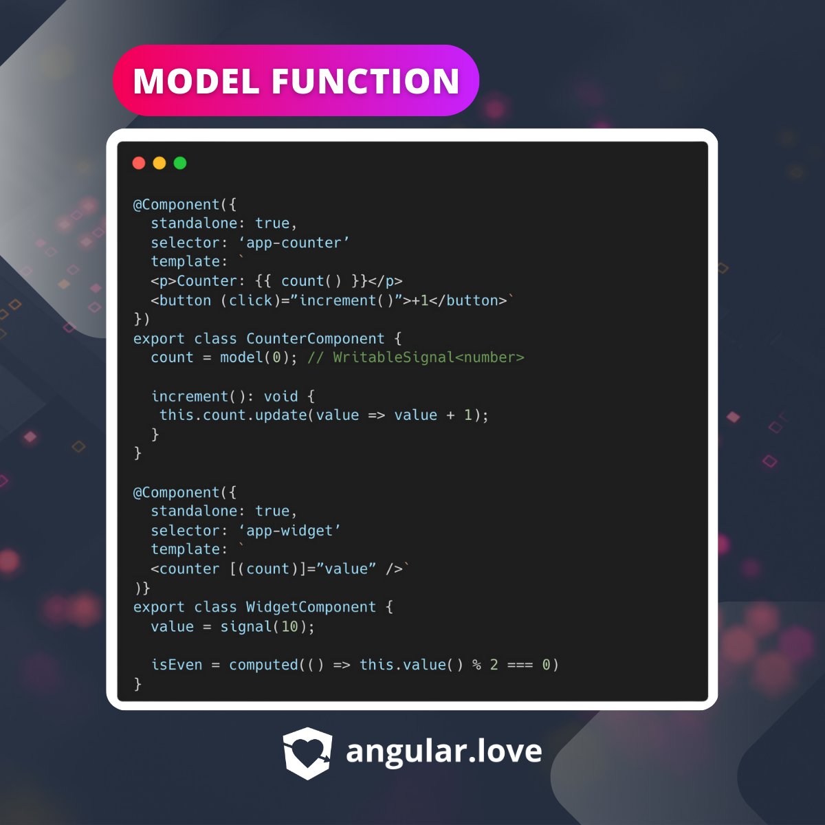 Create reactive two-way binding with 🔥 NEW model function! It’s a novel way to communicate between components based on #Signals. 🔗 To use it, you pass a signal reference to component model input using two-way binding syntax. ⬇️In the following example, signals count and