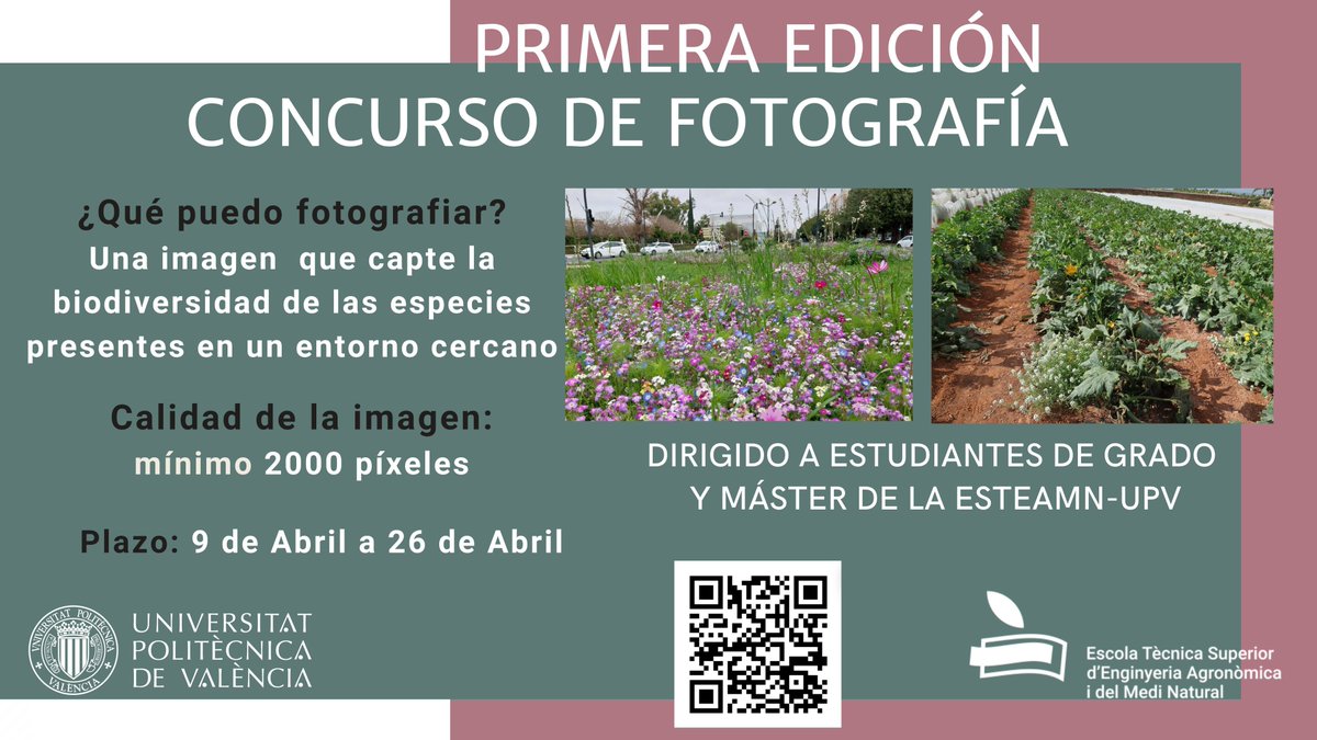 📢 Hasta el 26 de abril puedes participar en la 1ª edición del 'Concurso 📸Fotográfico de la ETSEAMN'. 🙌Demuestra tu talento capturando la #biodiversidad en entornos agrícolas, forestales o urbanos. 👉Obtén más información aquí: 🔗 tinyurl.com/28m9ntkj #ConcursoFotográfico