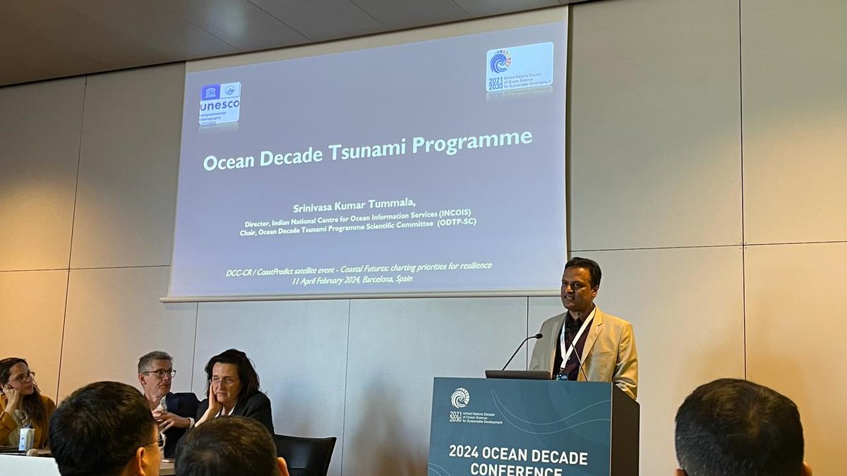 Dr @tummalasrini (Dir #INCOIS, Head @DCC_IOR #Hyderabad) delivered a talk on @UNOceanDecade #tsunami program during onsite #satellite event organised by DCC #coastal #reliance @Unibo #OceanDecade24 at #Barcelona today. #OceanDecade @IocUnesco @Ravi_MoES @moesgoi @KirenRijiju