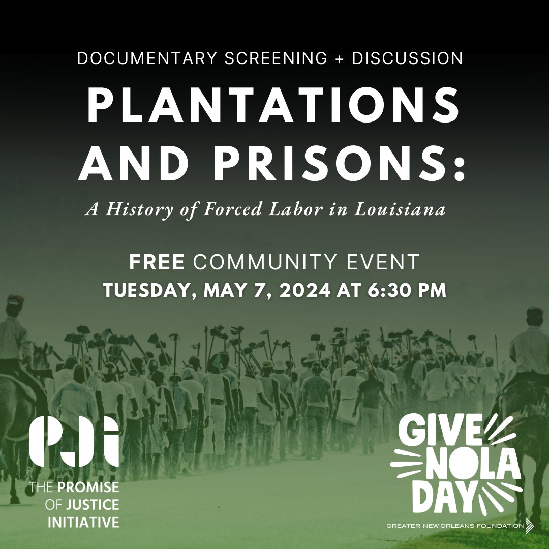 We are excited to invite you to our May 7 screening and discussion of Prisons and Plantations: A History of Forced Labor in Louisiana. Please RSVP to attend and help spread the word! defendla.kindful.com/e/givenola24 @splcenter @FIPVOTENOLA @LAKidsRights @PowerCoEJ @First72Plus @_ipno_