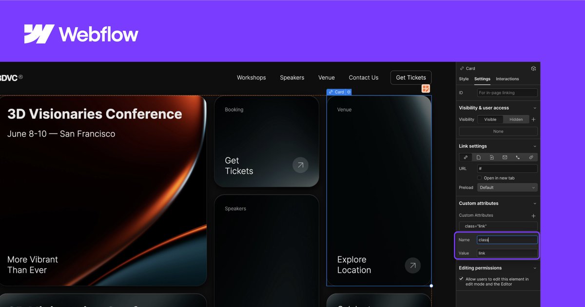 webflow's tweet image. Within component custom attributes you can now input classes to your component elements and create CMS bindings.
Customize components with class changes and streamline your design process for more flexibility and control.
Learn more:
wfl.io/3UcIcnF
