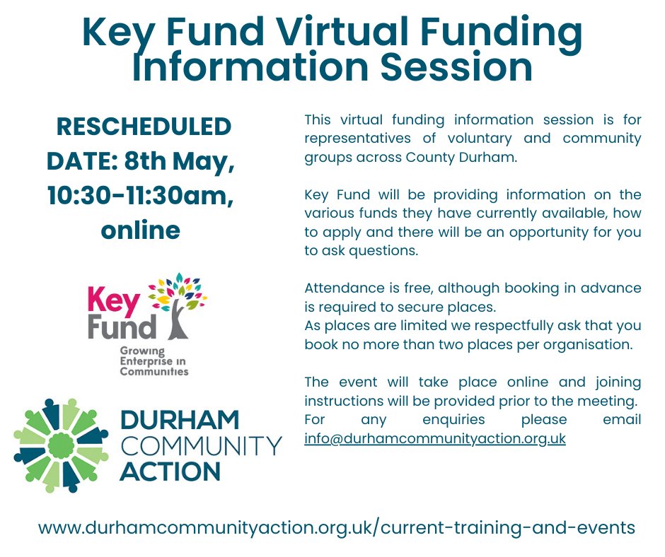 @ClothworkersFdn @believehousing @KeyFund Key Fund funding session - RESCHEDULED DATE to 8th May 10:30-11:30am. Apologies for any inconvenience caused.