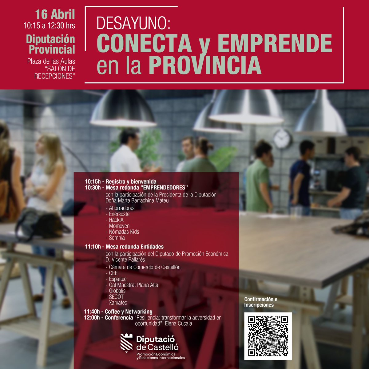 El próximo martes 16 de abril no te puedes perder el "Desayuno: conecta y emprende en la provincia" organizado por <a href="/dipcas/">Diputació de Castelló</a>. Tienes una cita de 10:15h a 12:30h en el Salón de Recepciones de la Plaza las Aulas, con una mesa de Emprendedores, una mesa de Entidades, y una conferencia