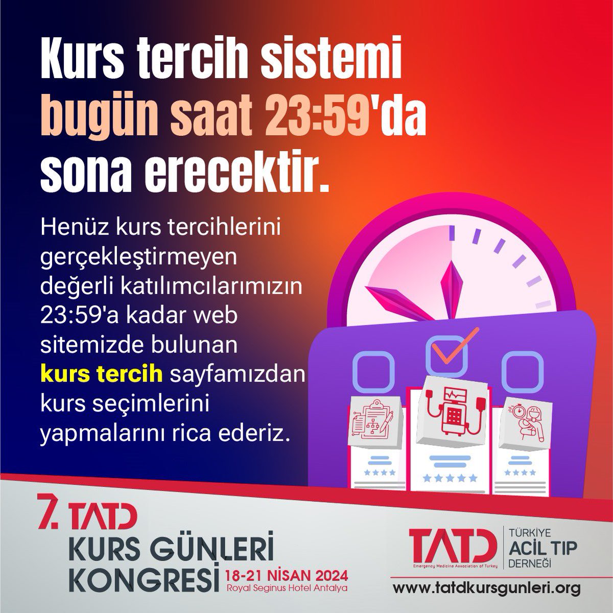 Kurs tercihleri için son gün! ⏰ Henüz kurs tercihlerini yapmayan katılımcılar, bugün saat 23.59’a kadar web sitemizde bulunan “kurs tercih” sayfasından kurs seçimlerini yapabilirler. 👉🏻 tatdkursgunleri.org/kurs-secimi/