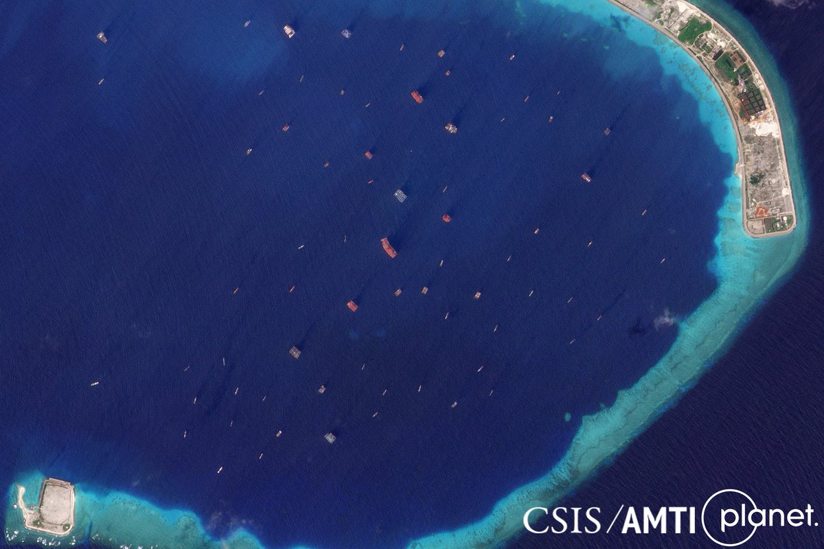 An average of 195 Chinese maritime militia boats could be seen in satellite imagery of key reefs across the South China Sea on any given day in 2023, an increase of 35% from last year. See the full analysis at AMTI: cs.is/3US2hjW