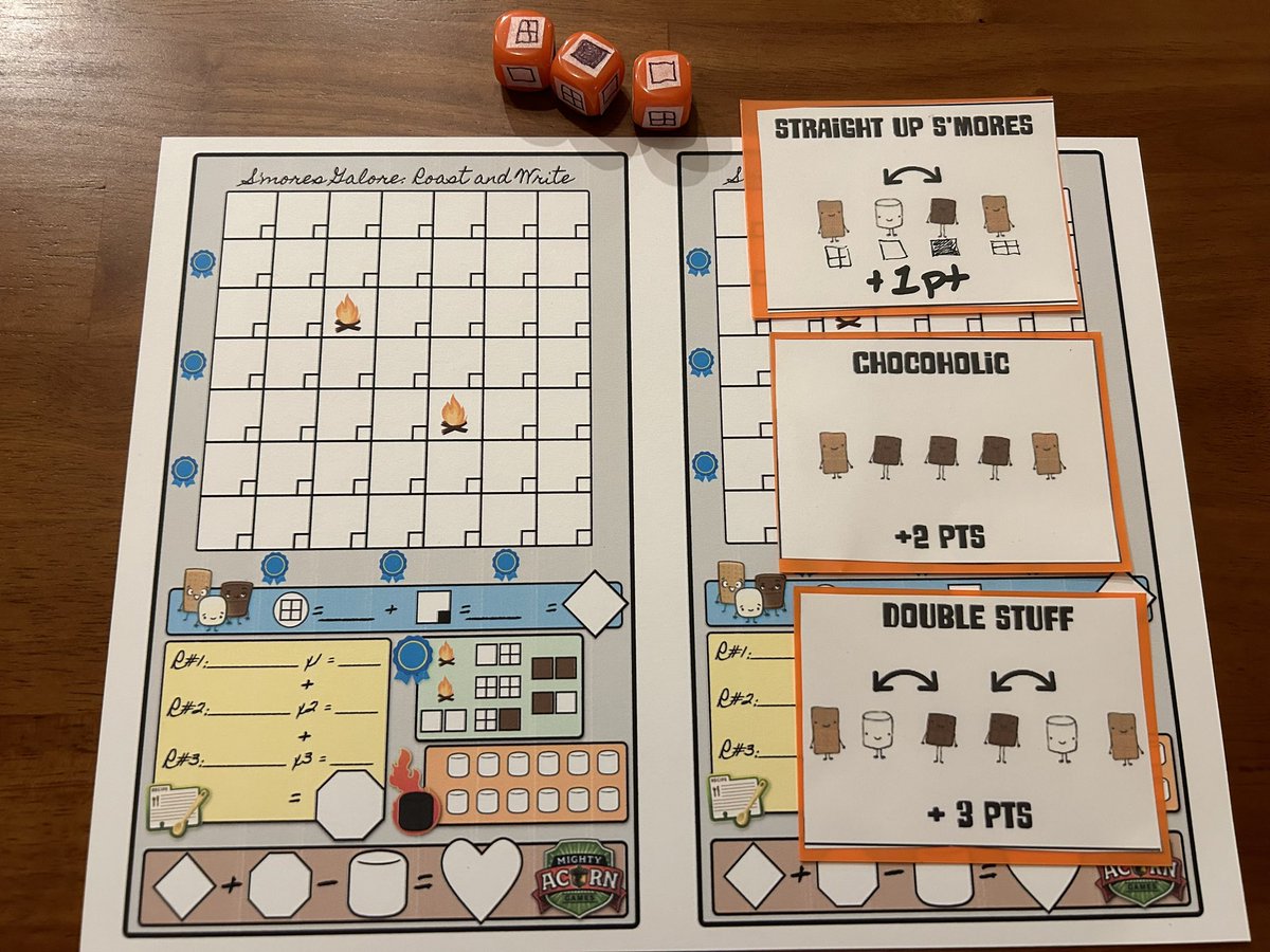 Our (@danielrocchi67 and I) 2 latest games/prototypes Bremen and S’more’s Galore: Roast and Write. Daniel will have both at #gatheringoffriends this weekend for those attending and want to try out our games. We love feedback on Bremen if you are into puzzle games.