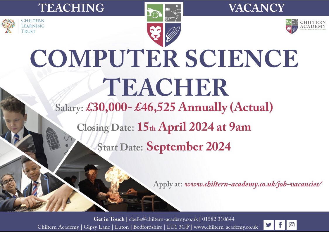 ChilternAcademy are recruiting for a COMPUTER SCIENCE TEACHER. At Chiltern Academy, we inspire minds and build futures in Computer Science by applying newly acquired knowledge to innovate and solve ‘real world’ problems. Apply now via MyNewTerm mynewterm.com/jobs/145872/ED…