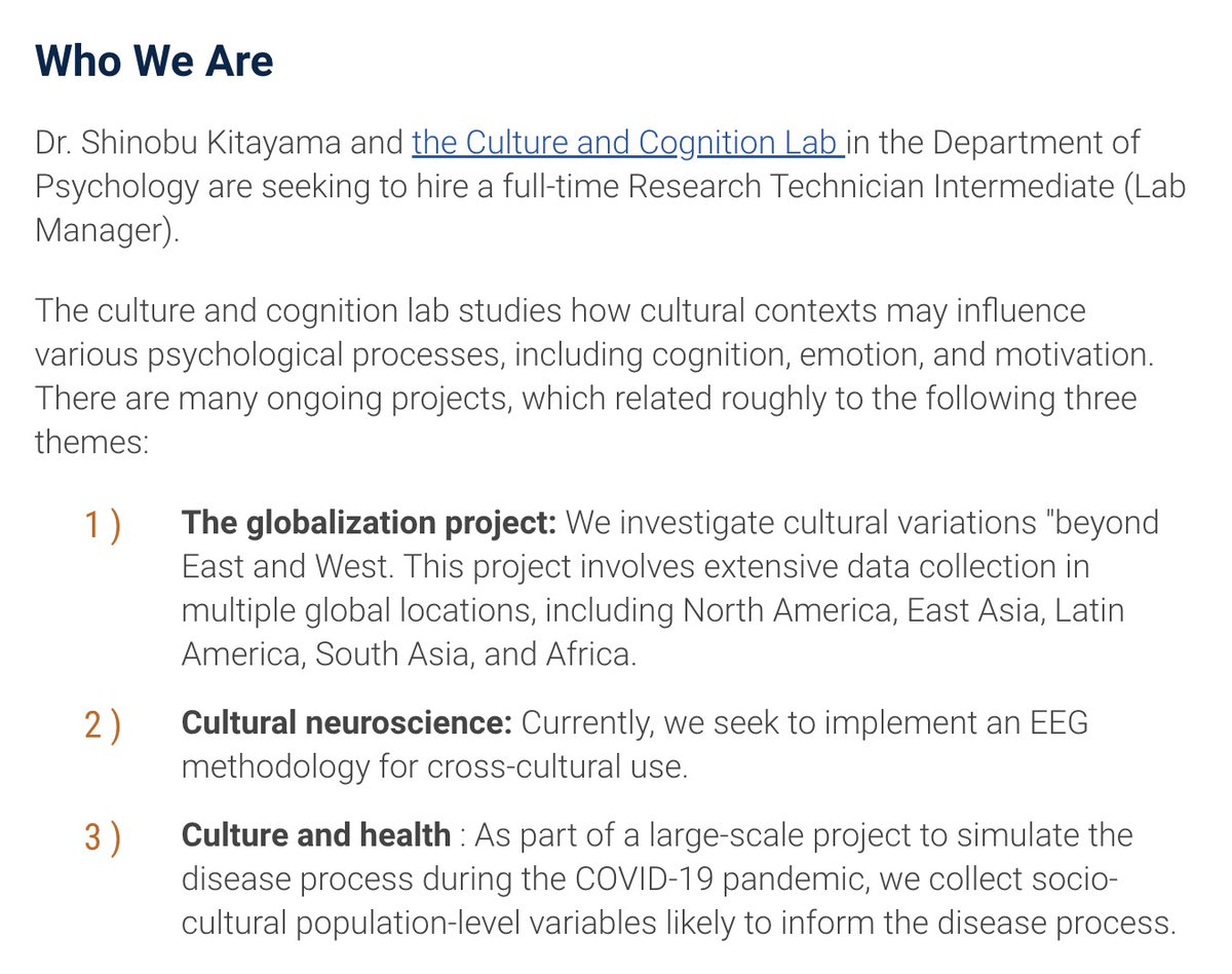 Job opportunity for aspiring social and cultural psychologists: lab manager at University of Michigan with @ShinobuKitayama's Culture and Cognition Lab: careers.umich.edu/job_detail/247…