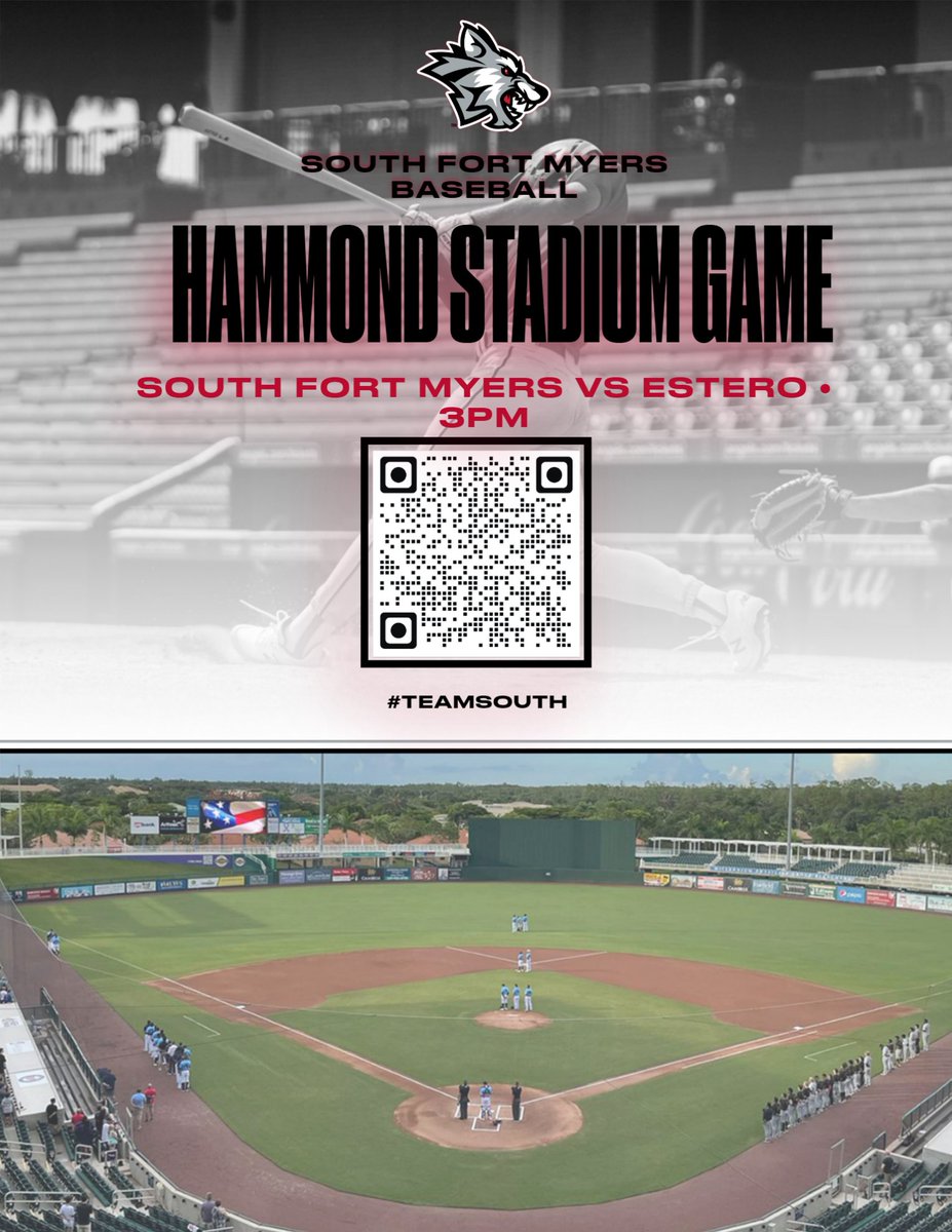 Come join us on Wednesday, April 24th as baseball takes on Estero at Hammond Stadium. Your ticket for our game will get you into the Mighty Mussels game that evening as well. Scan the QR code fevo-enterprise.com/event/Southfort