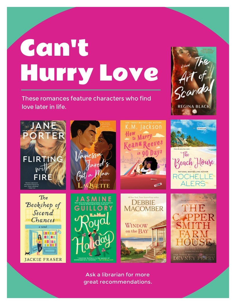 𝒴𝑜𝓊 𝒸𝒶𝓃'𝓉 𝒽𝓊𝓇𝓇𝓎 𝓁𝑜𝓋𝑒! These romances feature characters who find love later in life. Ask a librarian for more great #BookRecommendations. 📕❤️ search.livebrary.com/search~S23