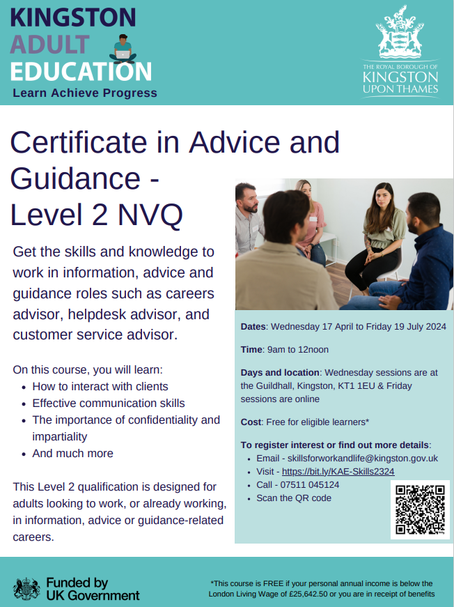 Don't miss Kingston Adult Education's 'Certificate in Advice and Guidance' Level 2 NVQ, starting 17 April. Book your place here: docs.google.com/forms/d/e/1FAI…