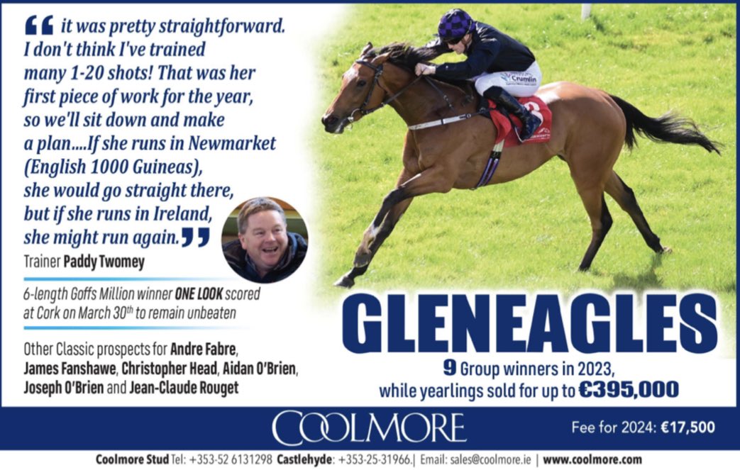 “If she runs in Newmarket (English 1000 Guineas), she would go straight there, but if she runs in Ireland, she might run again.” - @paddytwomey on One Look GLENEAGLES 🔥 @coolmorestud