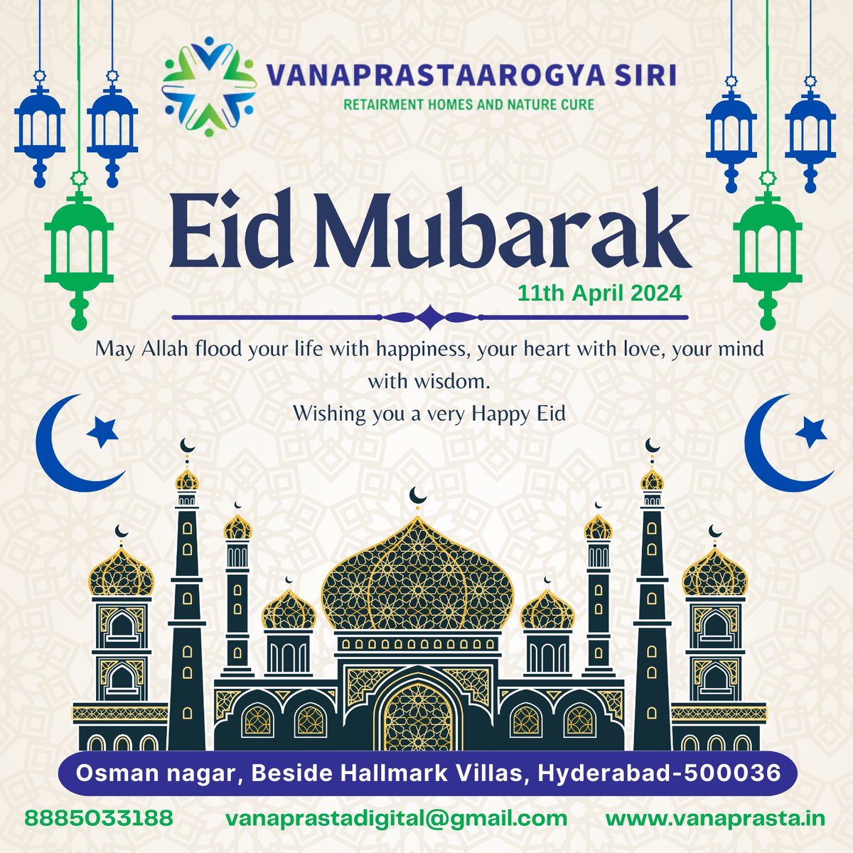 🌙🌙✨ Eid Mubarak to all our beloved friends and family! 🕌 Let this joyous occasion fill your hearts with peace, happiness, and prosperity.

#vanaprastaarogyasiri #vanaprasta #EidMubarak #Blessings #JoyfulMoments #Unity #LoveAndPeace #RamzanFasting #AllahsGrace #EidCommunity