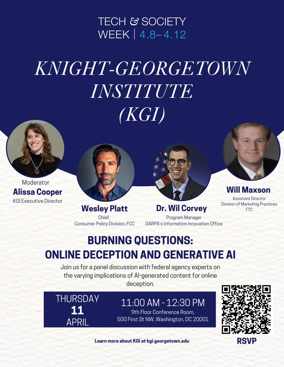 Join us on Day 4 of Tech & Society Week for many great events including the Knight-Georgetown Institute’s “Burning Questions: Online Deception and Generative #AI” featuring federal agency experts. @knightgtown @TechGeorgetown